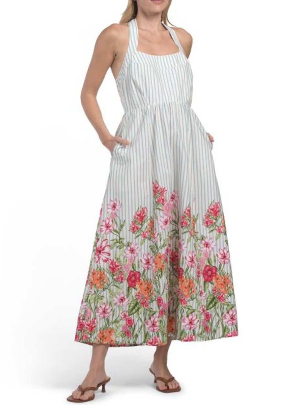 CHETTA B Halter Stripe Floral Maxi Dress